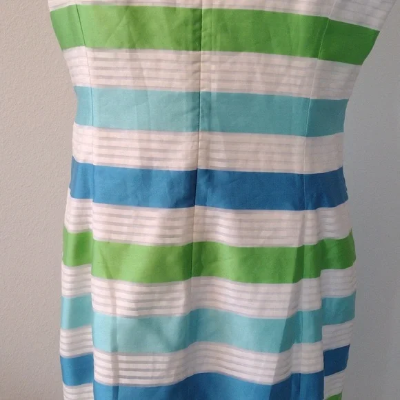 Lilly Pulitzer Silk Blend, Striped Blue, White and Green Sheath Dress, Size 14 - Picture 6 of 14